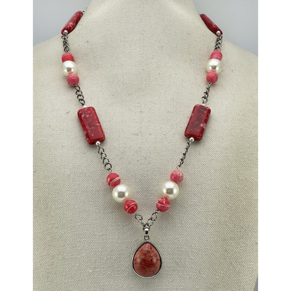 Stunning Red Agate Faux Pearl Ceramic Beaded Red Coral Pendant Necklace Boho